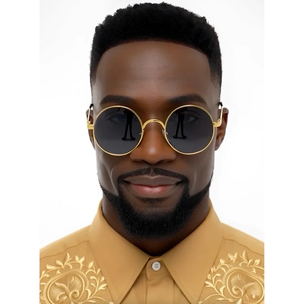 Dark Black Lens Round Thick Frame Gold Metal Sunglasses Men Hip Hop Style Trendy